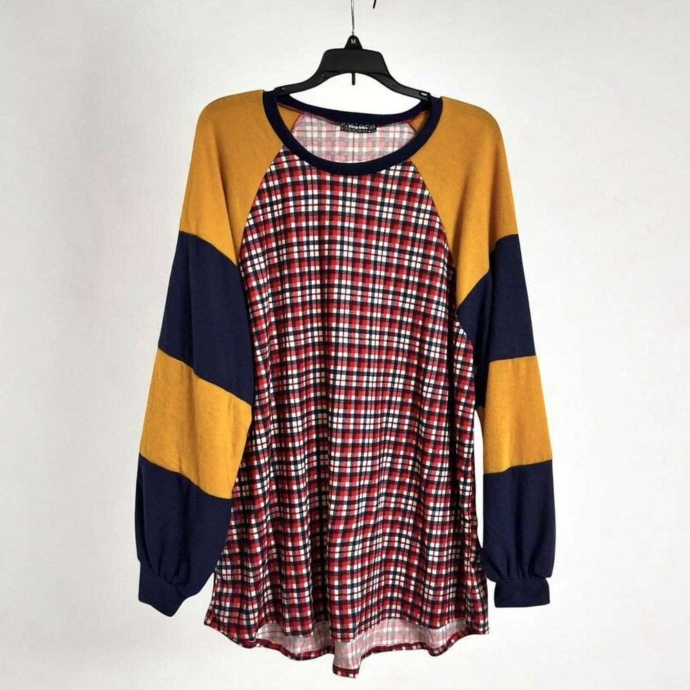 Story Teller Women's Plus 3X Plaid Colorblock Long Slvs Pullover Top Tunic Style